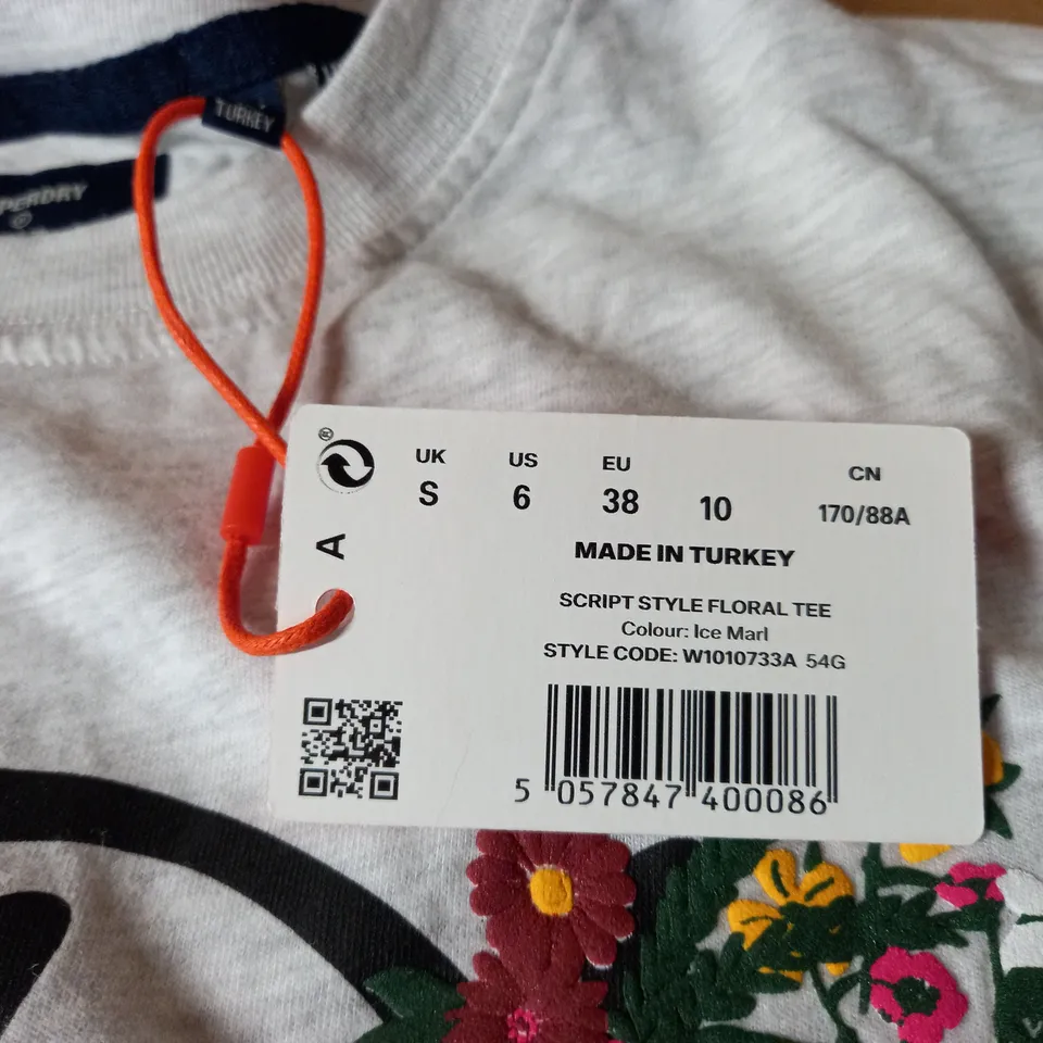 SUPERDRY SCRIPT STYLE FLORAL PRINT TSHIRT - ICE MARL SIZE S