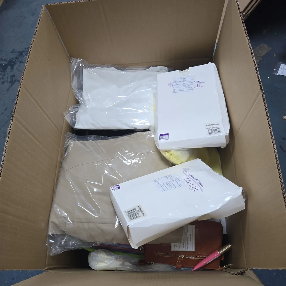 BOX OF APPROXIMATELY 20 X ASSORTED HOUSEHOLD ITEMS TO INCLUDE COMFORTISSE UPLIFT BRAS, CLOTHING, MAX FACTOR ETC