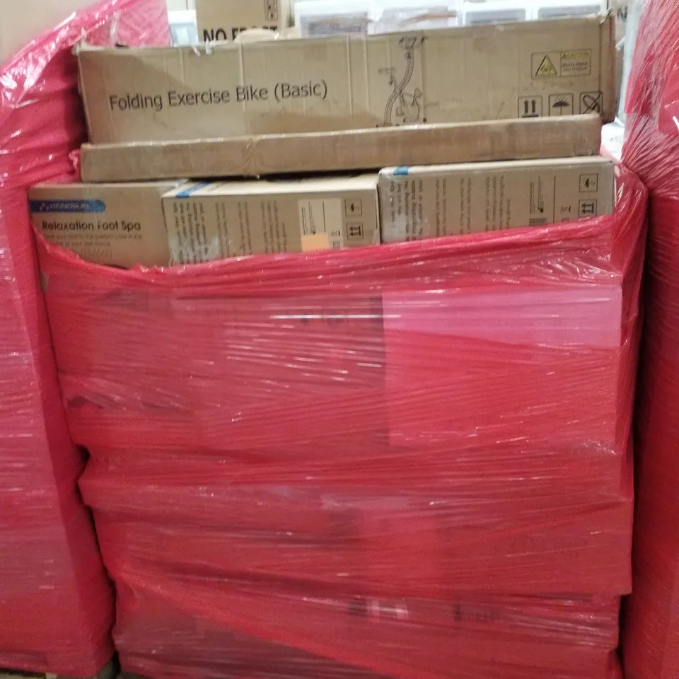 PALLET CONTAINING ASSORTED PRODUCTS INCLUDING FOLDING EXERCISE BIKE, RELAXATION FOOT SPA & GARDEN METAL FENCE