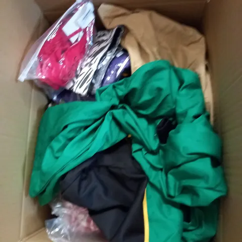 BOX OF ASSORTED CLOTHING ITEMS TOO INCLUDE DRESSES , SHIRTS AND TROUSERS IN VARIOUS SIZES AND COLOURS