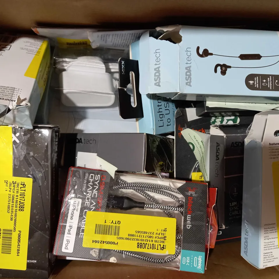 BOX OF APPROXIMATELY 20 ASSORTED ELECTRICAL ITEMS TO INCLUDE ASDA TECH SYNC AND CHARGE CABLE, BLACKWEB USB-A TO USB-C CABLE, ONN WIRELESS BLUETOOTH EARPHONES, ETC