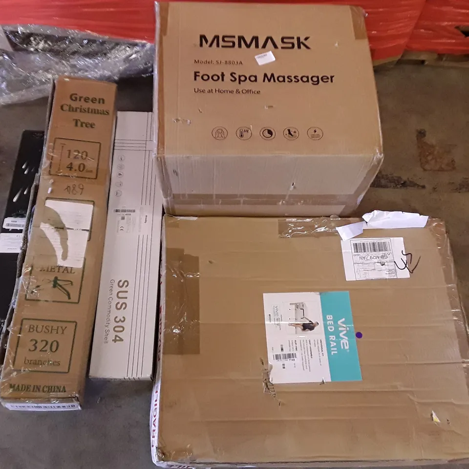 PALLET OF ASSORTED PRODUCTS INCLUDING FOOT SPA MASSAGER, GREEN CHRISTMAS TREE, LED METEOR LIGHT, BED RAIL, SHOWER RAIL