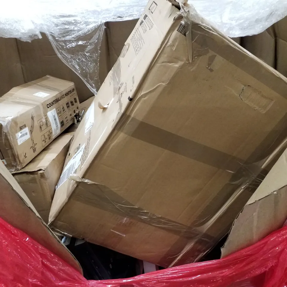 PALLET OF ASSORTED PRODUCTS INCLUDING AUTOMATIC CONTINUOUS SHREDDER, FOOT BOTTOM MASSAGER, CANOPY WEIGHT BAGS, KEYBOARDS, COUNTERBALANCE MONITOR ARM