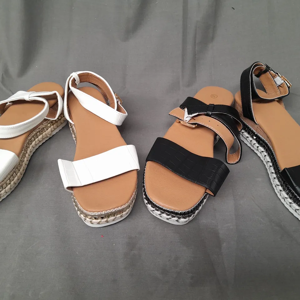 BOX OF APPROXIMATELY 5 PAIRS OF DESIGNER OPEN TOE WEDGE SANDALS IN VARIOUS SIZES TO INCLUDE WHITE AND BLACK VARIANTS