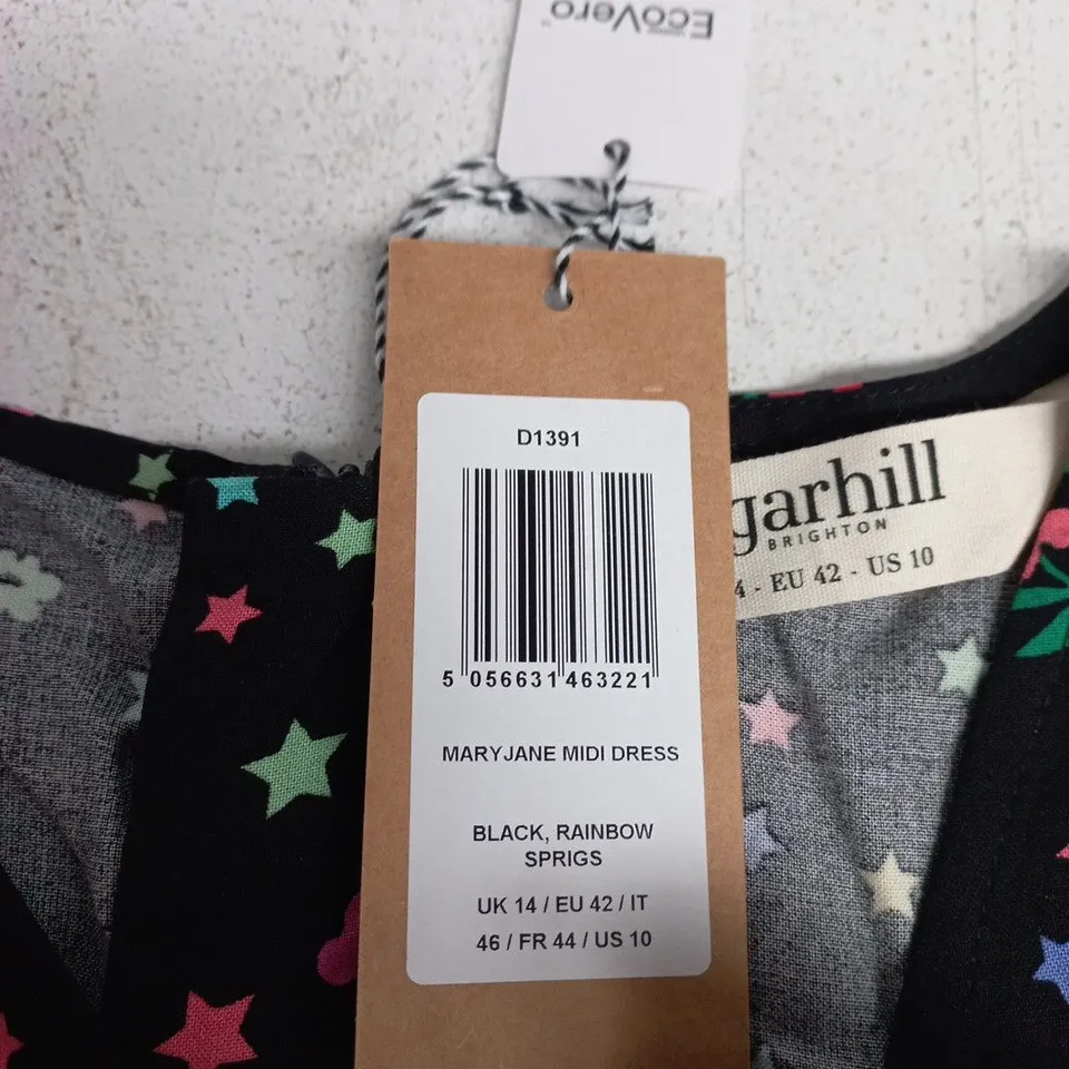 SUGARHILL BRIGHTON MARYJANE MIDI DRESS – BLACK WITH RAINBOW STARS, UK 14
