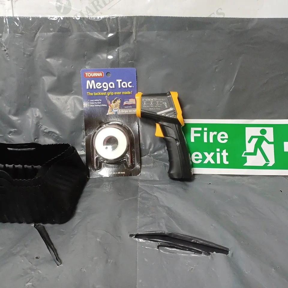 BOX OF APPROXIMATELY 15 ASSORTED ITEMS TO INCLUDE - FIRE EXIT STICKER , IR THERMOMETER , MEGA TAC ETC