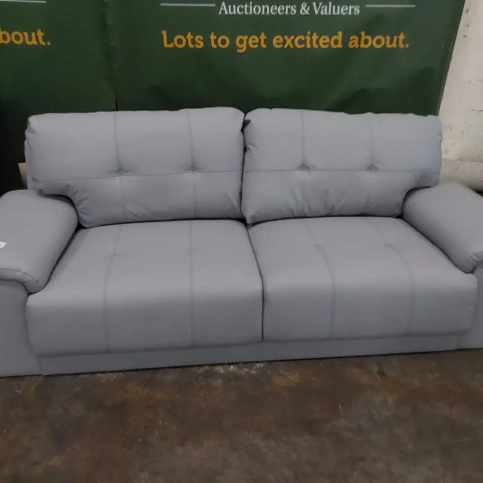 DESIGNER THREE SEATER SOFA LIGHT GREY LEATHER 