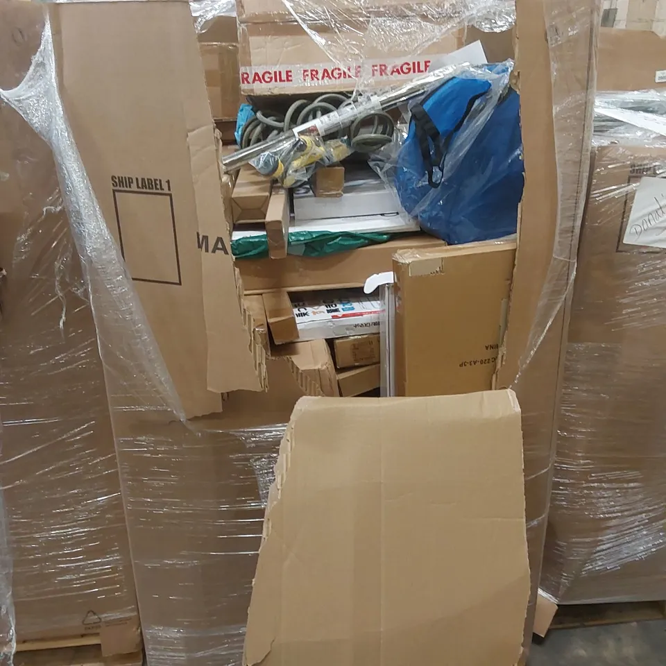 PALLET OF ASSORTED HOUSEHOLD ITEMS AND CONSUMER PRODUCTS TO INCLUDE; LIGHTING PRODUCTS, AIR PURIFIER, BOXED FURNITURE ETC 