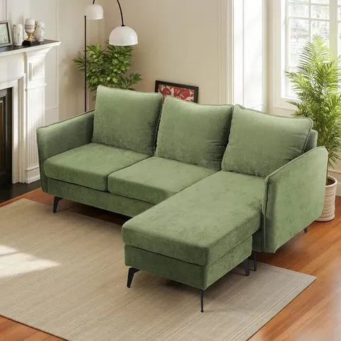 BOXED CORNER SOFA GREEN POLYESTER WOODEN FRAME SPRING CUSHION METAL LEGS