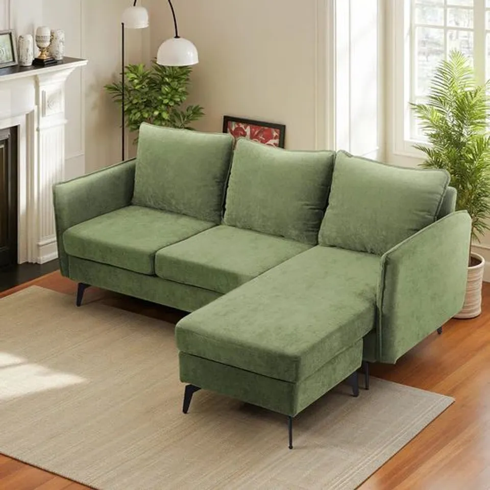 BOXED CORNER SOFA GREEN POLYESTER WOODEN FRAME SPRING CUSHION METAL LEGS