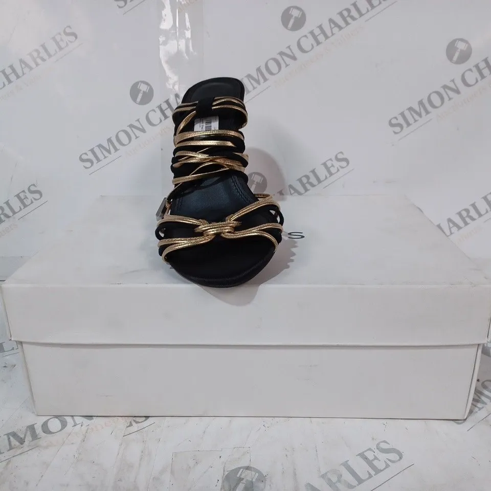 BOXED PAIR OF REISS CASSIDY STRAPPY HEELS IN BLACK/GOLD UK SIZE 4