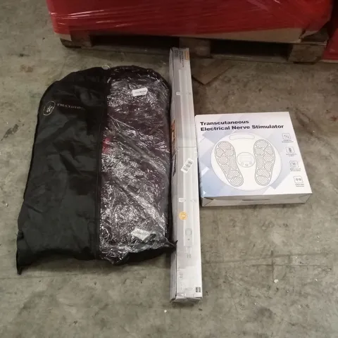 PALLET OF HOUSEHOLD GOODS AND PRODUCTS TO INCLUDE; MENS QUALITY FABRIC SUIT, TRANSCUTANEOUS ELECTRICAL NERVE SIMULATOR, SLIMLINE HEATER WITH THERMOSTAT 1000MM 
