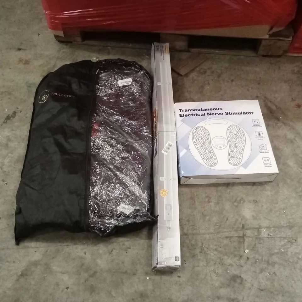 PALLET OF HOUSEHOLD GOODS AND PRODUCTS TO INCLUDE; MENS QUALITY FABRIC SUIT, TRANSCUTANEOUS ELECTRICAL NERVE SIMULATOR, SLIMLINE HEATER WITH THERMOSTAT 1000MM 
