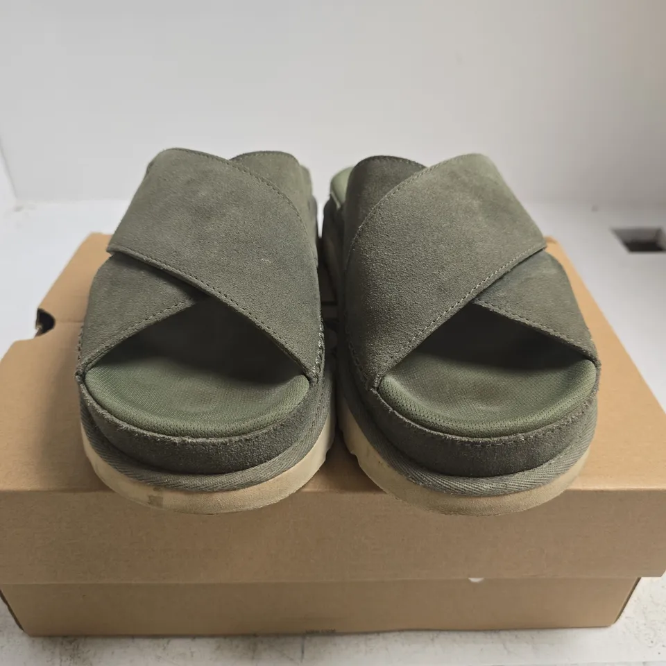 BOXED PAIR OF WOMENS UGG GOLDENSTAR CROSS SLIDE – OLIVE GREEN, UK 7 (EU 40)