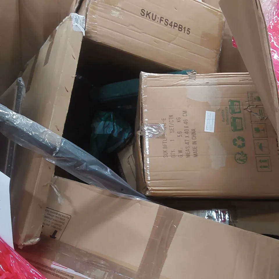 PALLET OF ASSORTED HOUSEHOLD ITEMS AND CONSUMER PRODUCTS TO INCLUDE; AIR FRYER, BABY PLAYPEN, BOXED FURNITURE ETC 
