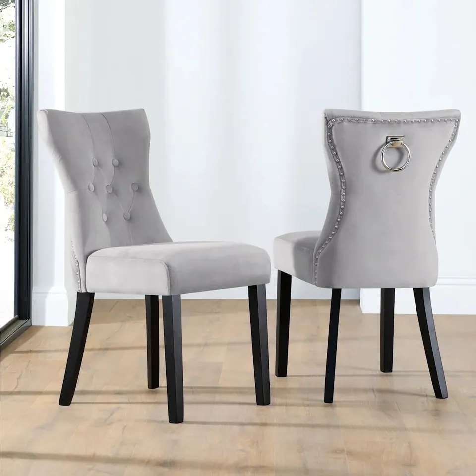 BOXED KENSINGTON DINING CHAIR, GREY CLASSIC VELVET & BLACK SOLID HARDWOOD 