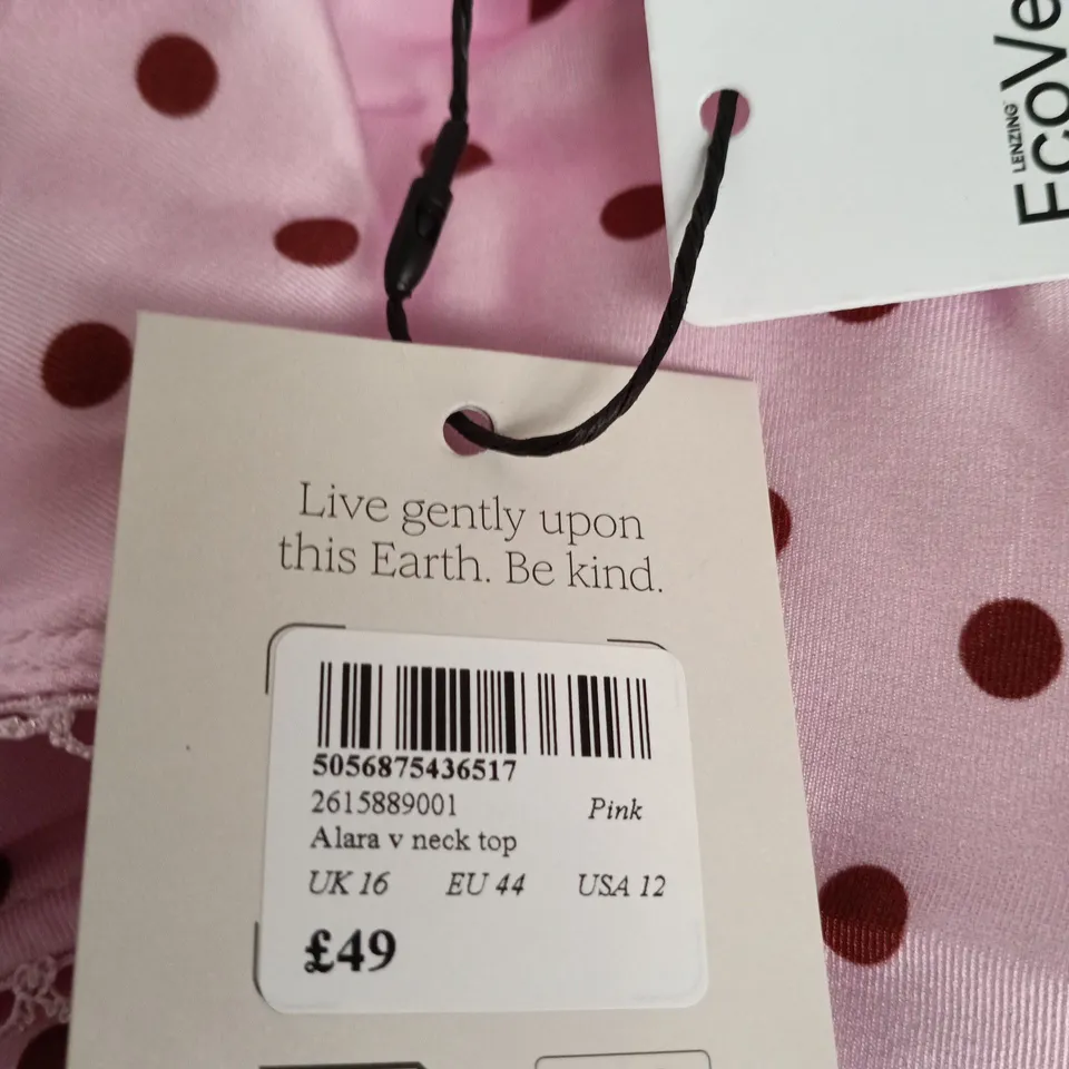 NOBODY'S CHILD ALARA V-NECK TOP – PINK POLKA DOT - SIZE UK 16