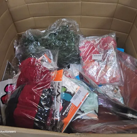 BOX OF ASSORTED ITEMS INCLUDING, HALOWEEN MOBILES, KNITTED HAT & SCALF SETS, TABLE RUNNERS.