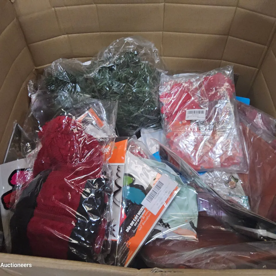 BOX OF ASSORTED ITEMS INCLUDING, HALOWEEN MOBILES, KNITTED HAT & SCALF SETS, TABLE RUNNERS.