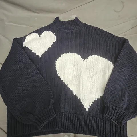 MINT VELVET NAVY KNIT JUMPER WITH WHITE HEART MOTIFS – UK SIZE L