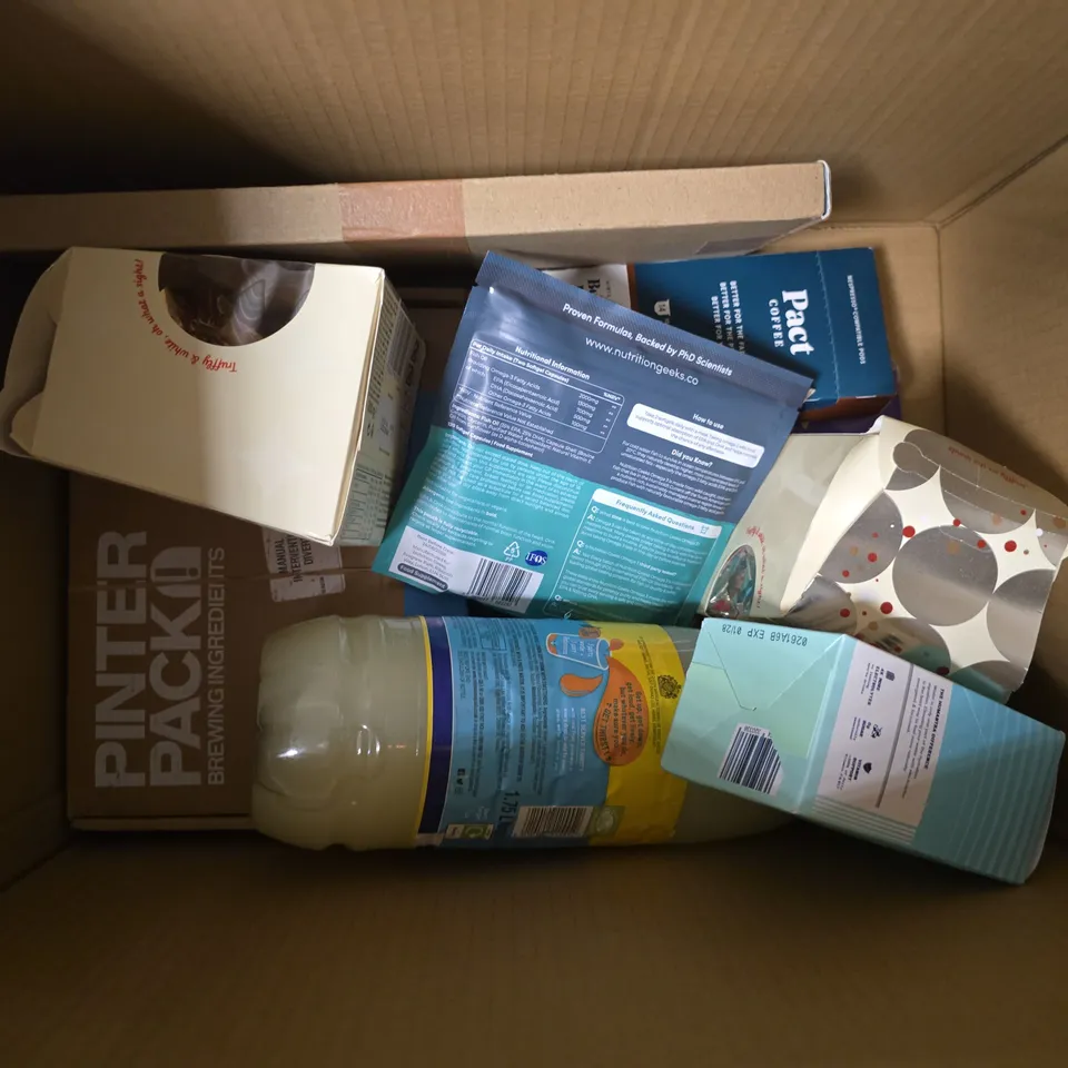 APPROXIMATELY 8 ASSORTED FOOD & DRINK ITEMS TO INCLUDE ROBINSONS LEMON DOUBLE STRENGTH, MALTESERS WHITE TRUFFLE, NUTRITION GEEKS OMEGA 3, ETC - COLLECTION ONLY