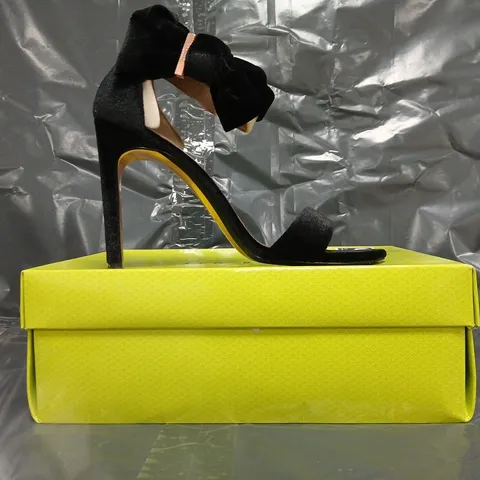 BOXED PAIR OF TED BAKER OPEN TOE STILETTO HEELS IN BLACK SIZE EU 39