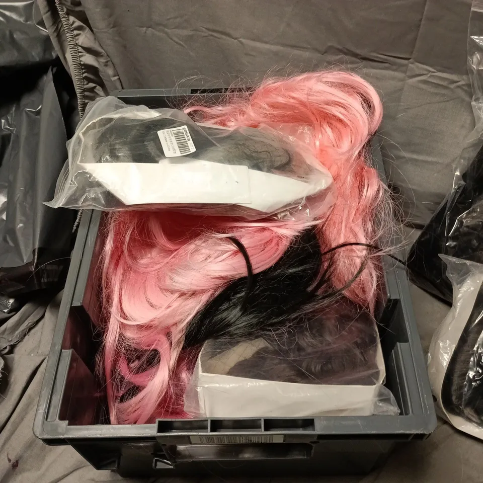 APPROXIMATELY 15 HAIR CARE PRODUCTS INCLUDING ASSORTED WIGS