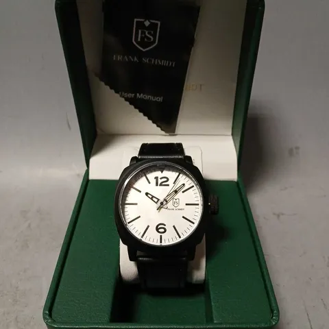 FRANK SCHMIDT WATCH LARGE BLACK CASE WHITE PILOT DIAL 3ATM WATER RESISTANT – GIFT BOX INCLUDED