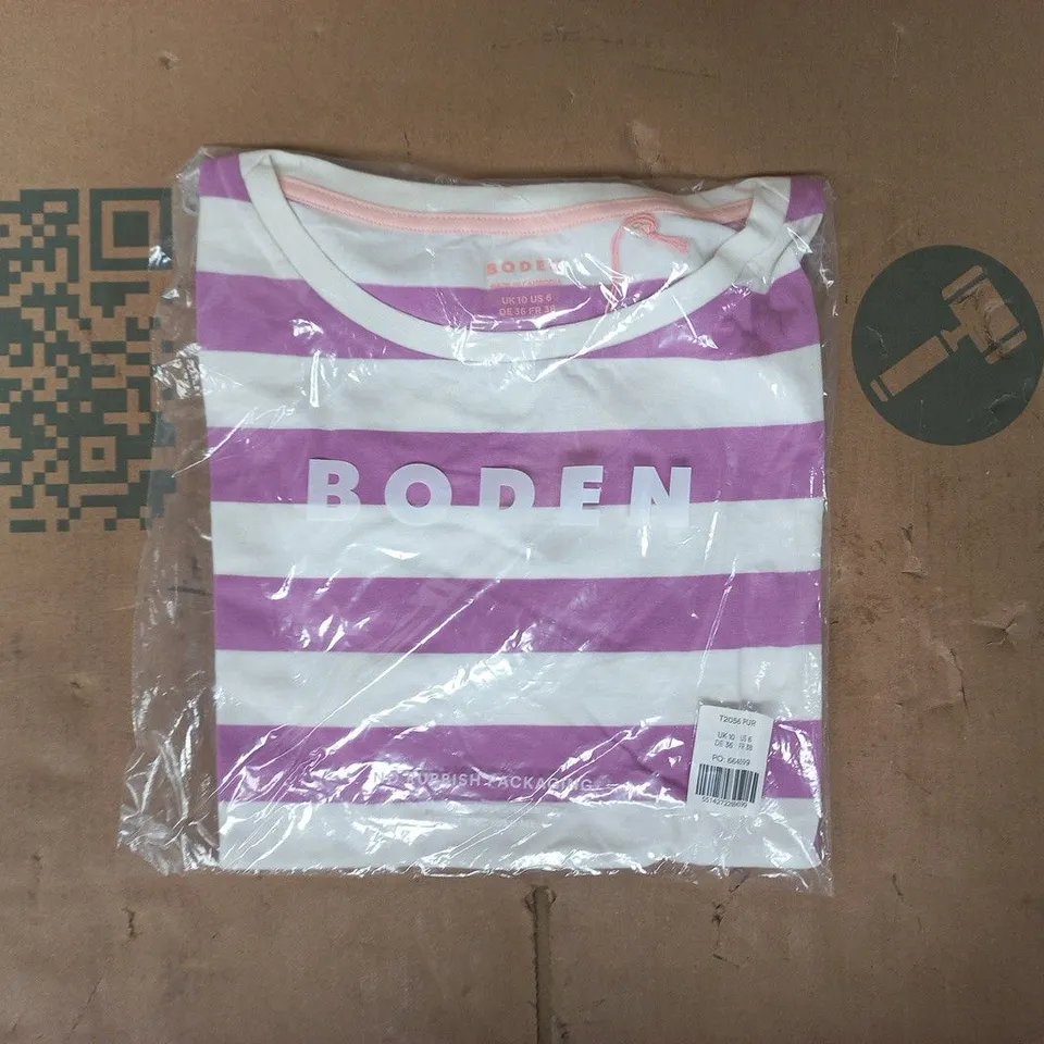 BAGGED BODEN OLIVIA SHORT SLEEVE BRETON IN PURPLE/IVORY STRIPE SIZE UK 10