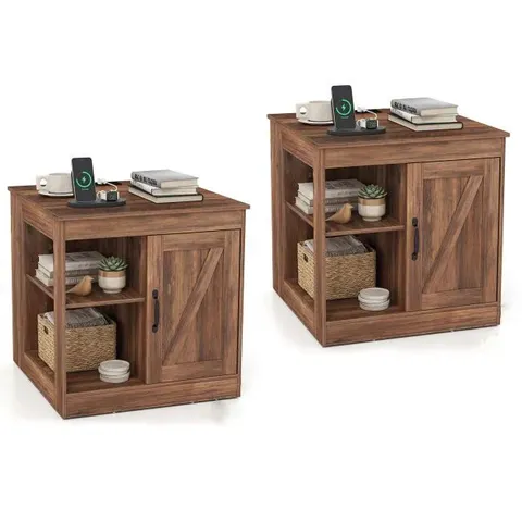 BOXED FARMHOUSE NIGHTSTANDS WITH CHARGING STATIONS, END TABLES WITH USB/TYPE-C PORTS AND POWER OUTLETS (SET OF 2) - WALNUT (1 BOX)