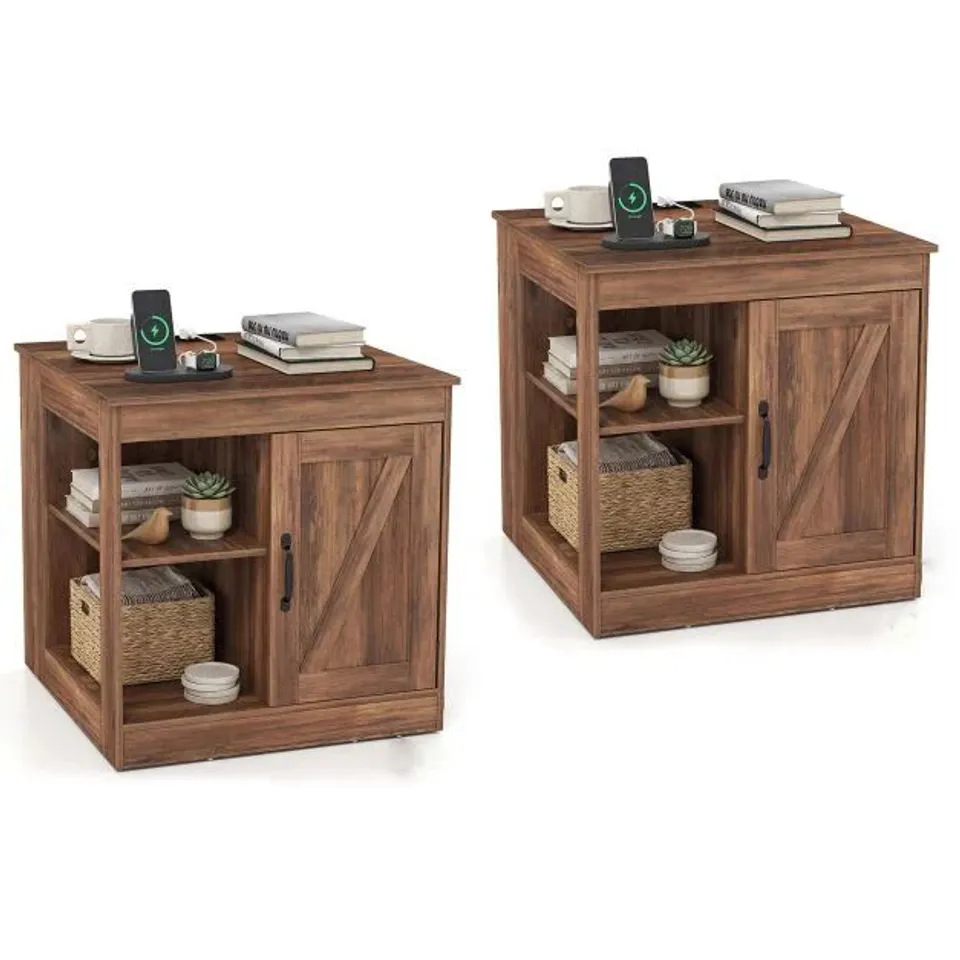 BOXED FARMHOUSE NIGHTSTANDS WITH CHARGING STATIONS, END TABLES WITH USB/TYPE-C PORTS AND POWER OUTLETS (SET OF 2) - WALNUT (1 BOX)