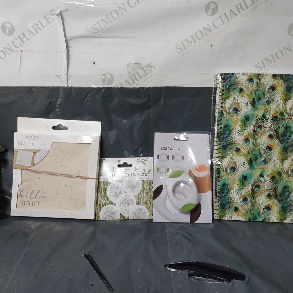 BOX OF APPROXIMATELY 12 ASSORTED ITEMS TO INCLUDE - EGG TOPPER , NAPKINS , BLACK CLAMP ETC
