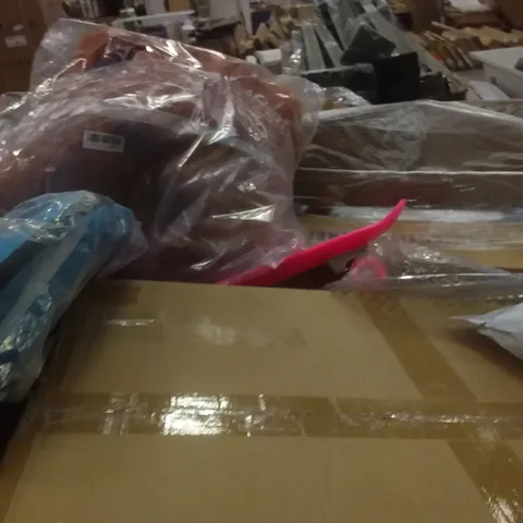 PALLET OF ASSORTED ITEMS INCLUDING BLUE POP UP TENT, KIDS SMALL PENNYBOARD SKATEBOARD, ORANGE FLUFFY BLANKET, SLOW COOK POT