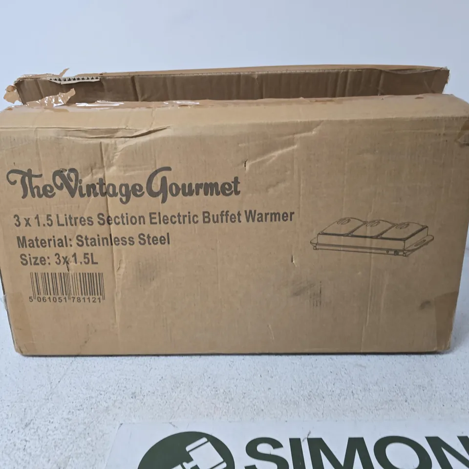 THE VINTAGE GOURMET ELECTRIC BUFFET WARMER – 3 X 1.5L STAINLESS STEEL, BOXED
