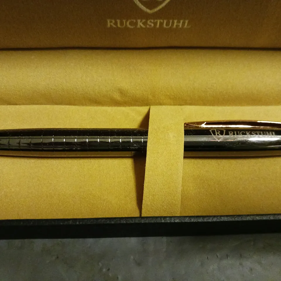 RUCKSTUHL STAINLESS STEEL LUXURY PEN IN GIFT BOX – BLACK & ROSE GOLD COLOUR CASE