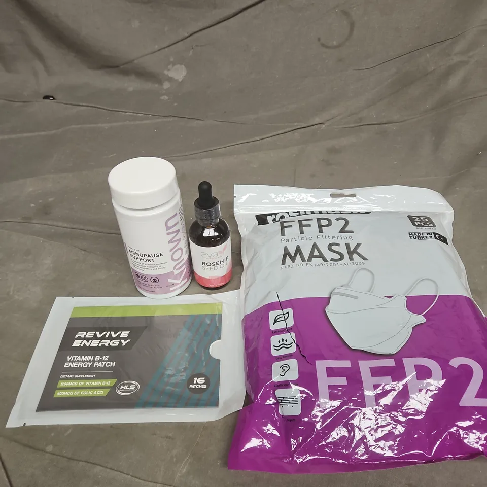 TOTE OF APPROXIMATELY 20 ASSORTED HEALTHCARE PRODUCTS TO INCLUDE ROSEHIP SEED OIL - REVIVE ENERGY PATCHES AND MENOPAUSE SUPPORT SUPPLEMENTS