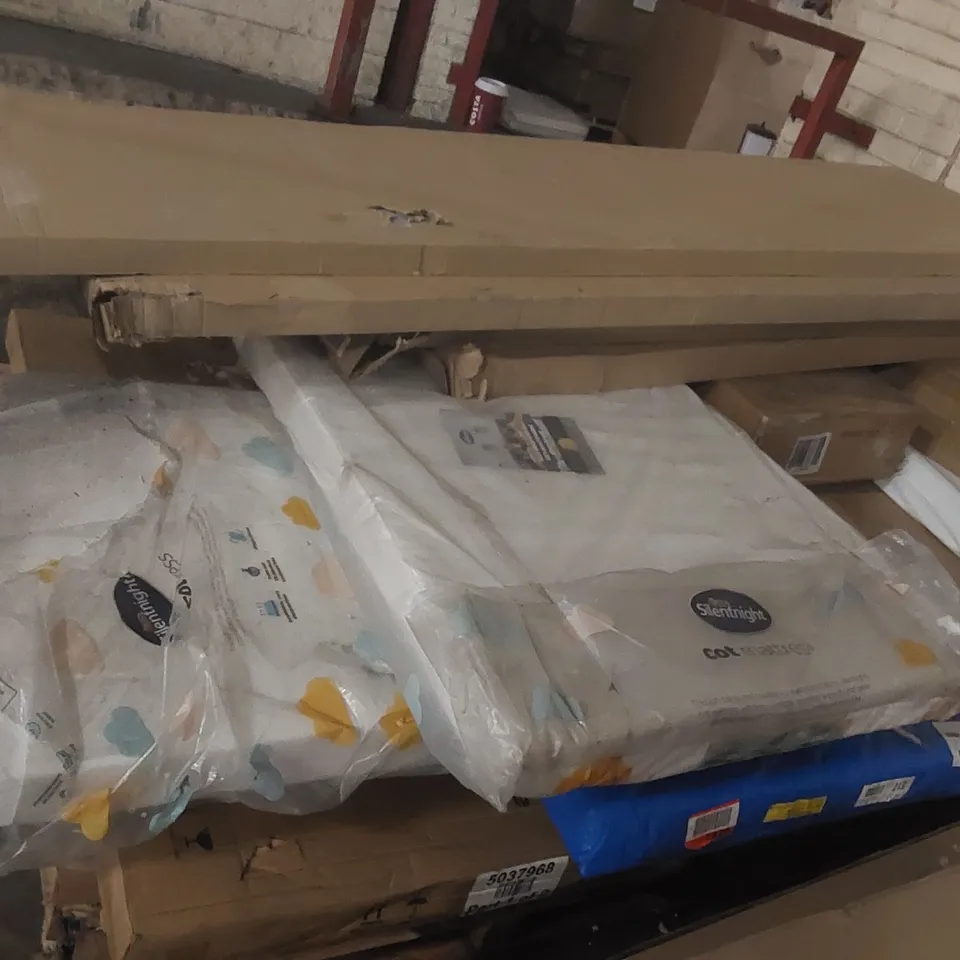 PALLET CONTAINING A LARGE QUANTITY OF ASSORTED FURNITURE PARTS AND COT MATTRESSES ECT