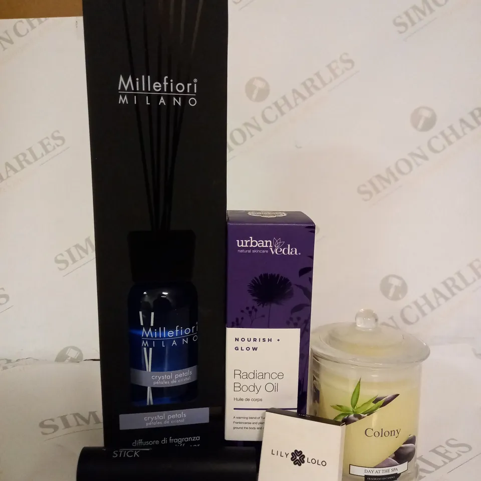 BOX OF APPROX 10 ITEMS INCLUDING MILLEFIORI REED DIFFUSERS, COLONY SCENTED CANDLE AND FLORMAR HIGHLIGHT STICK