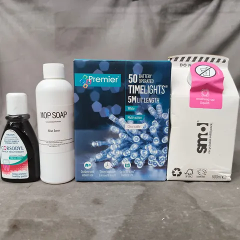 APPROXIMATELY 10 ASSORTED HOUSEHOLD ITEMS TO INCLUDE MOP SOAP, WASHING UP LIQUID, ETC