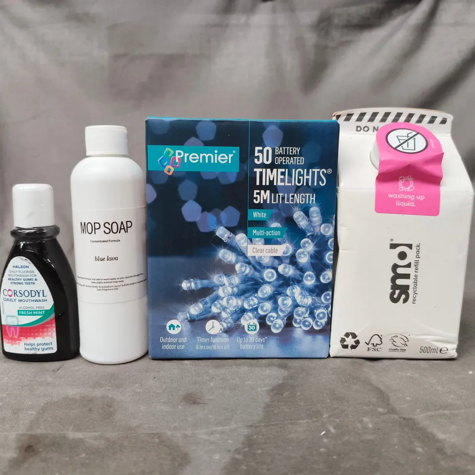 APPROXIMATELY 10 ASSORTED HOUSEHOLD ITEMS TO INCLUDE MOP SOAP, WASHING UP LIQUID, ETC