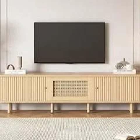 BOXED MINIMALIST TV STAND WITH OVAL TOP AND ROUNDED CORNERS, LIGHT OAK TV CABINET WITH SOLID WOOD LEGS, 175L X 40W X 40H CM, OAK