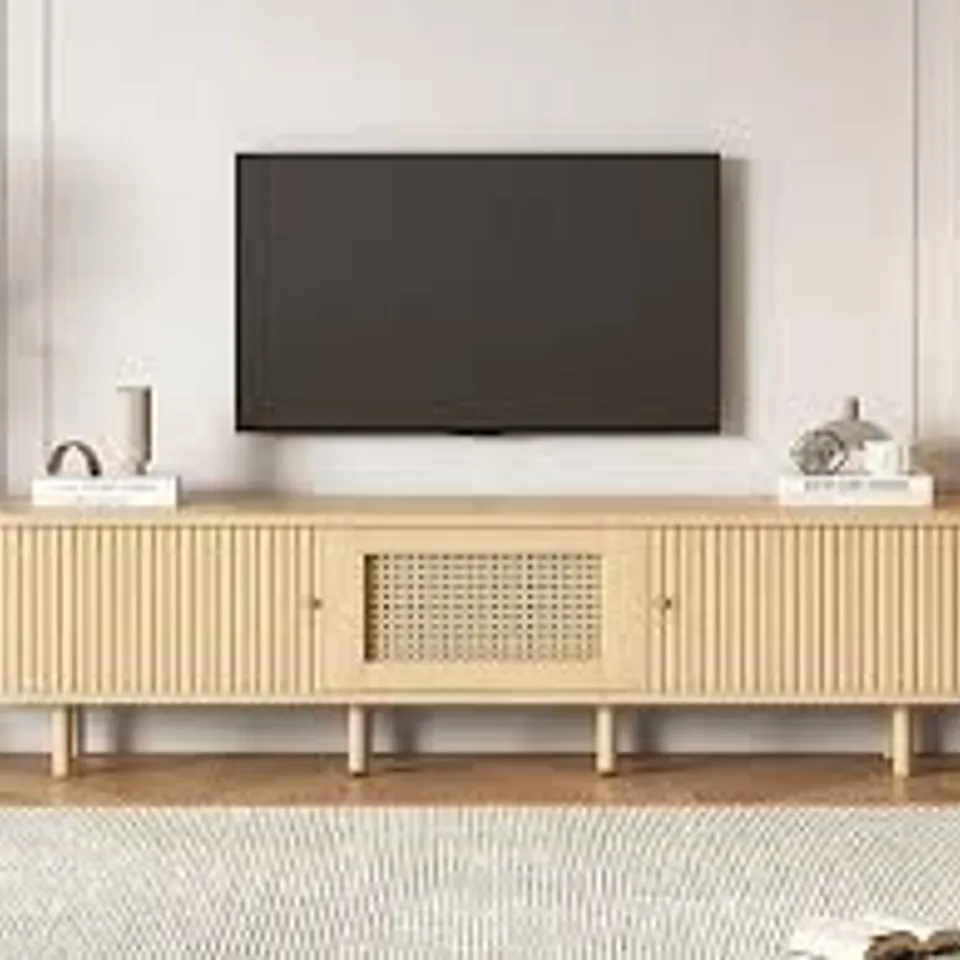 BOXED MINIMALIST TV STAND WITH OVAL TOP AND ROUNDED CORNERS, LIGHT OAK TV CABINET WITH SOLID WOOD LEGS, 175L X 40W X 40H CM, OAK