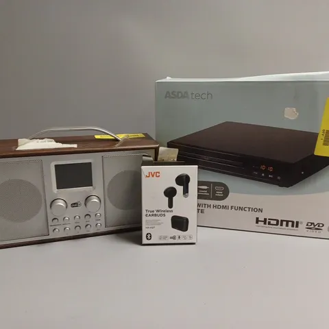 APPROXIMATELY 20 ASSORTED PRODUCTS TO INCLUDE JVC WIRELESS EARBUDS, DAB+ RADIO, DVD PLAYER