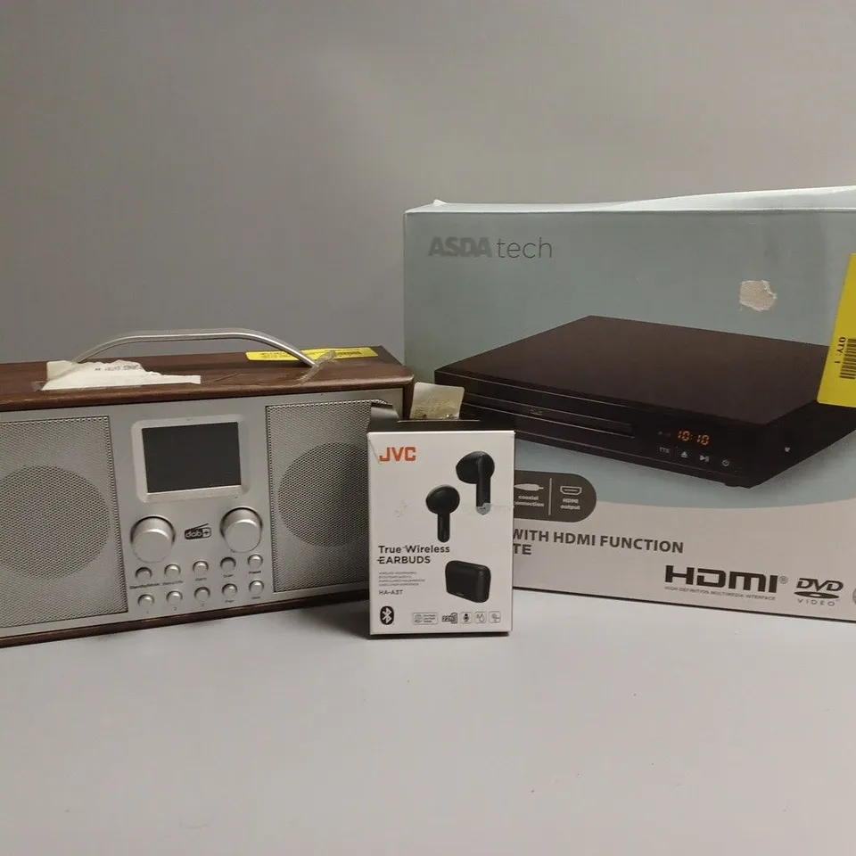 APPROXIMATELY 20 ASSORTED PRODUCTS TO INCLUDE JVC WIRELESS EARBUDS, DAB+ RADIO, DVD PLAYER 