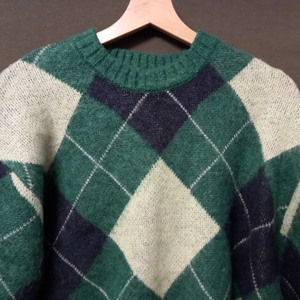 RIVER ISLAND OVERSIZE CHECKER SWEATER IN GREEN/BLACK/YELLOW - MEDIUM