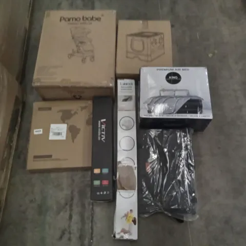 PALLET OF ASSORTED ITEMS INCLUDING GETFIT PREMIUM KING AIR BED, HOMIDEC PET PLAYPEN, LOOXII RETRACTABLE SAFETY GATE, PAMO BABE BABY STROLLER, CAT LITTER BOX, PET CARRY/TRAVEL BAG
