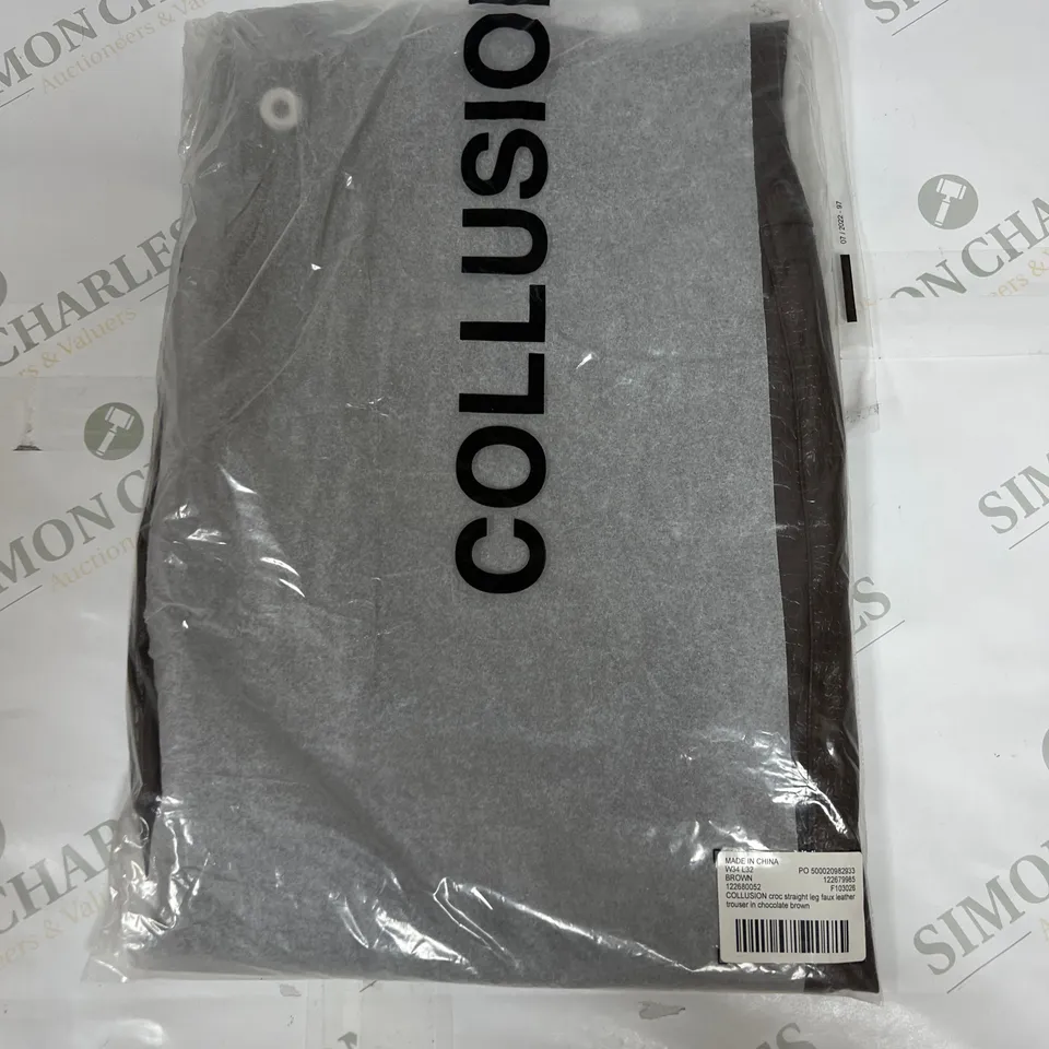 COLLUSION BAGGED CROC STRAIGHT LEG FAUX LEATHER TROUSER IN CHOCOLATE BROWN SIZE 34