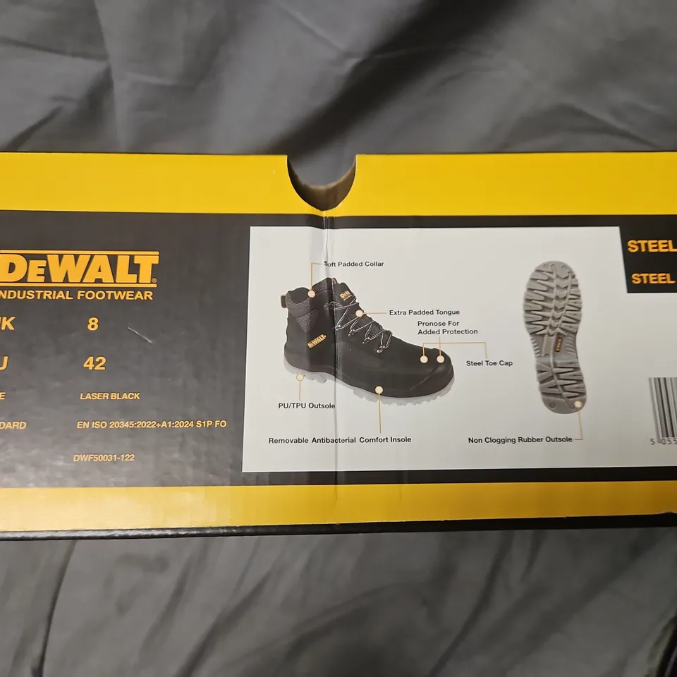 BOXED DEWALT LASER BLACK SAFETY BOOTS – UK 8 (EU 42) – STEEL TOE & PLATE