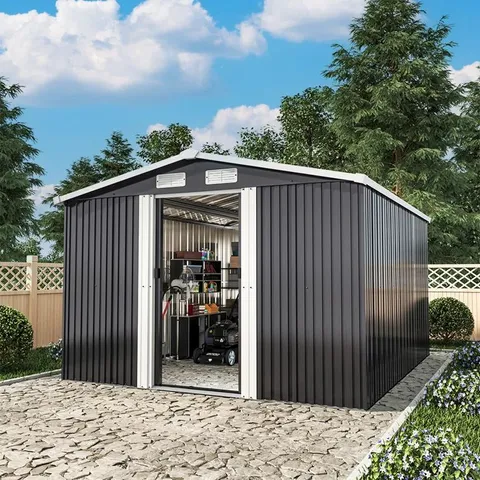 BOXED ASEAN 9FT. W X 10FT. D METAL APEX TOOL SHED (4 BOXES)