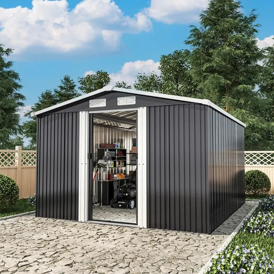 BOXED ASEAN 9FT. W X 10FT. D METAL APEX TOOL SHED (4 BOXES)